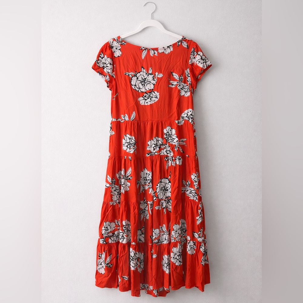 Free People Red Floral Tiered Midi Dress XS Boho Open Back Summer Festival - Picture 2 of 5